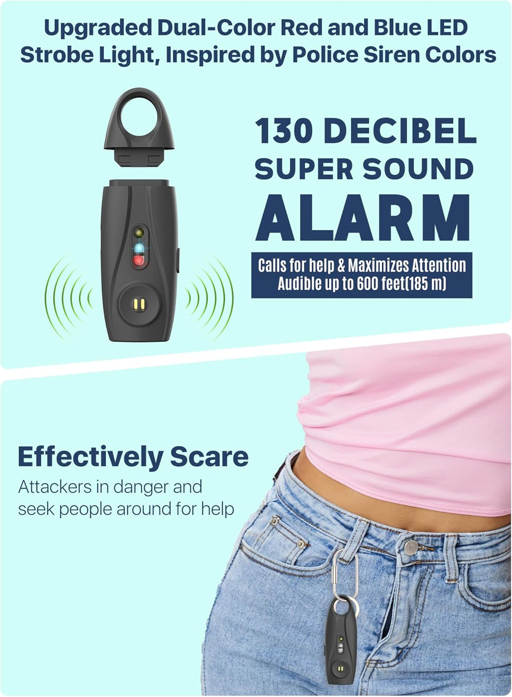 Rechargeable Personal Safety Alarm Keychain, Upgraded Dual-Color Red & Blue Strobe Light, LED Flashlight, 130dB Loud Siren, Safe Personal Alarm for Women, Kids and Elders