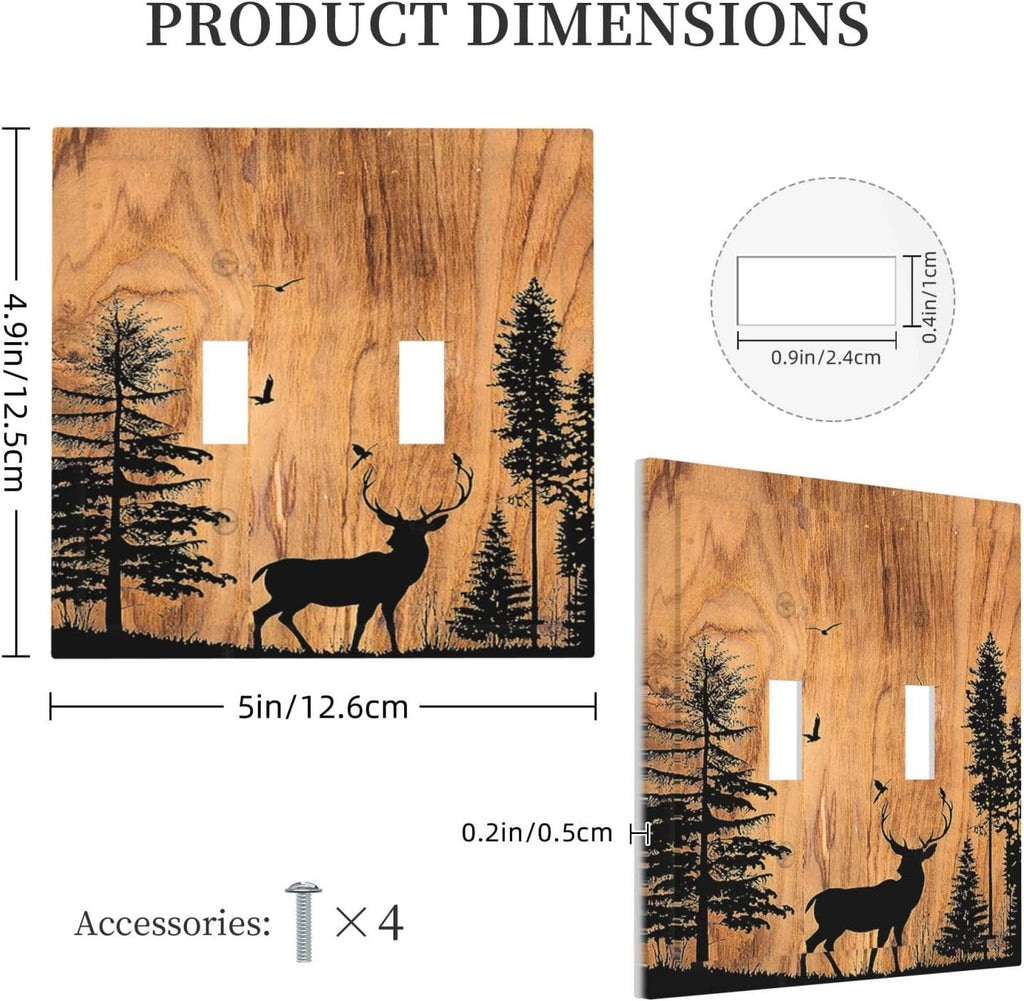 Decorative Switch Plates Rustic Farmhouse Orange Brown Pine Tree Deer Wood Grain 2 Gang Double Toggle Outlet Light Switch Cover Wall Plate Electrical Faceplate for living Room Cabin Decor