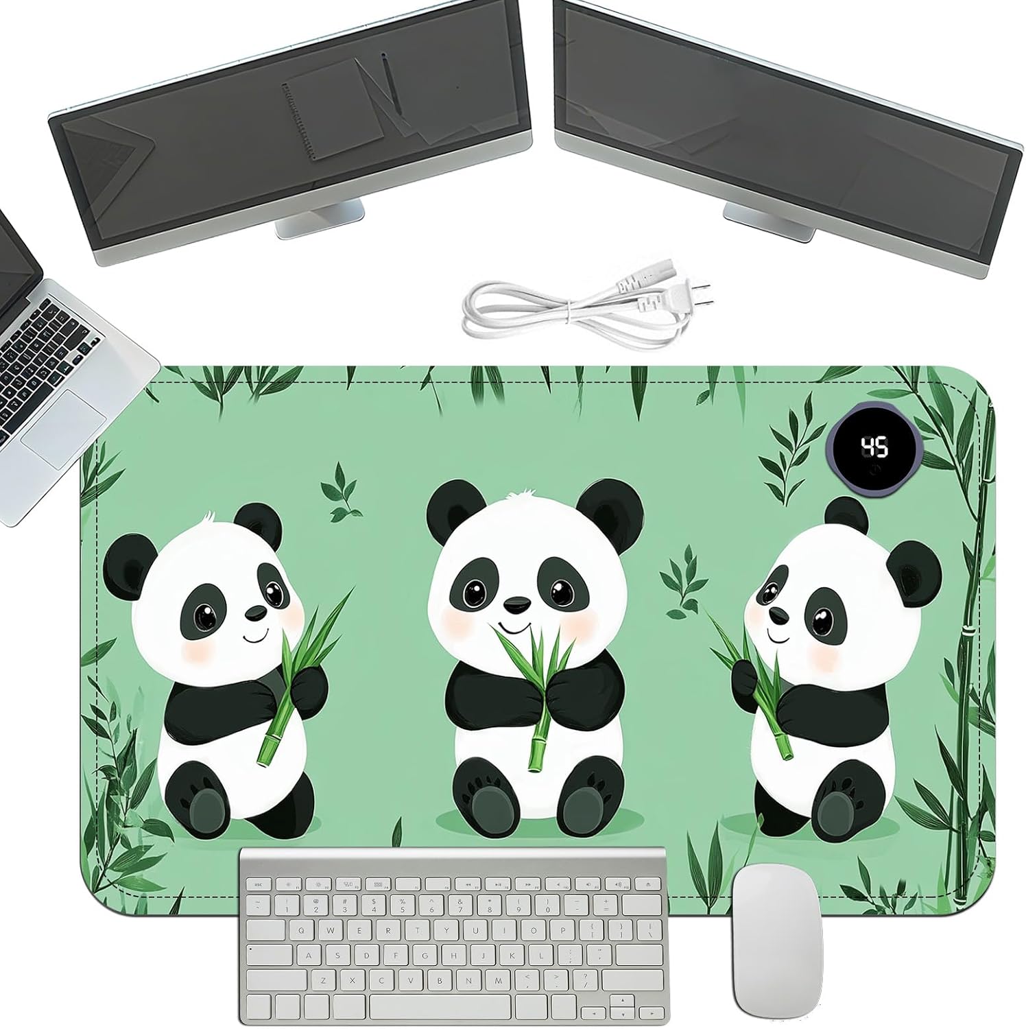 Heated Mouse Pad with 3 Temperature Settings(104°F–122°F),Large 24x14.2 Inch PU Leather Heated Desk Mat,Waterproof Warming Pad for Office,Gaming & Cold Hands Relief,Cute Three Pandas