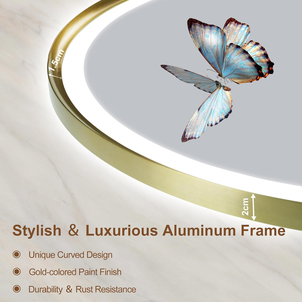 S'bagno 32" Round Gold LED Mirror for Bathroom With Frontlit & Backlit, Metal Frame, Anti-Fog, Stepless Dimmable, 3 Colors Temperature Vanity Mirror