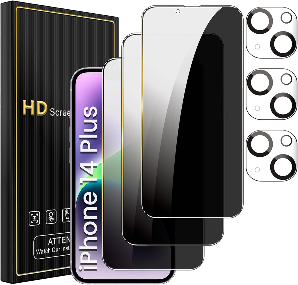 3 Pack Privacy Screen Protector for iPhone 14 Plus 6.7 Inch with 3 Pack Camera Lens Protector, Anti Spy Tempered Glass Film, Anti-Scratch, Touch Sensitive, Case Friendly