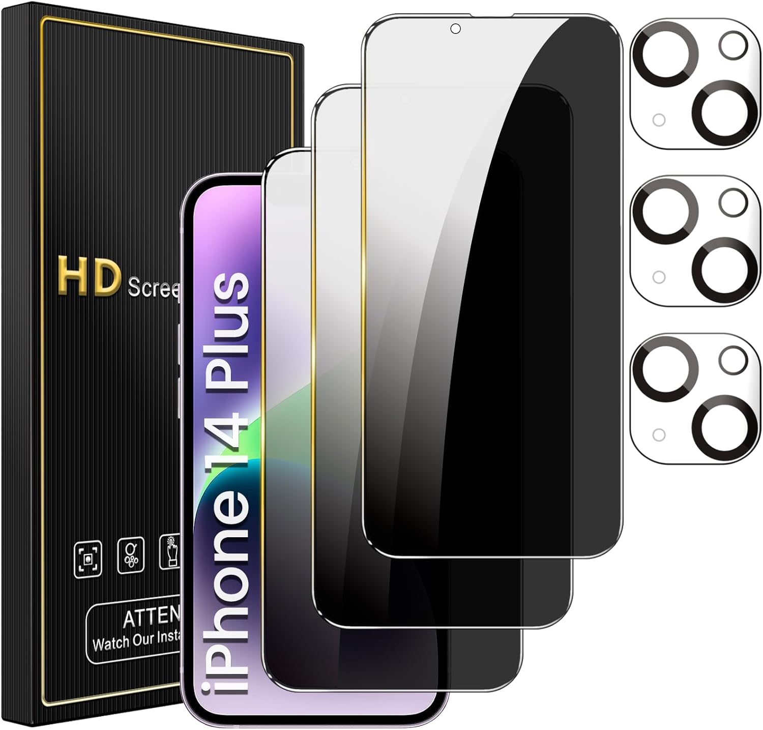 3 Pack Privacy Screen Protector for iPhone 14 Plus 6.7 Inch with 3 Pack Camera Lens Protector, Anti Spy Tempered Glass Film, Anti-Scratch, Touch Sensitive, Case Friendly