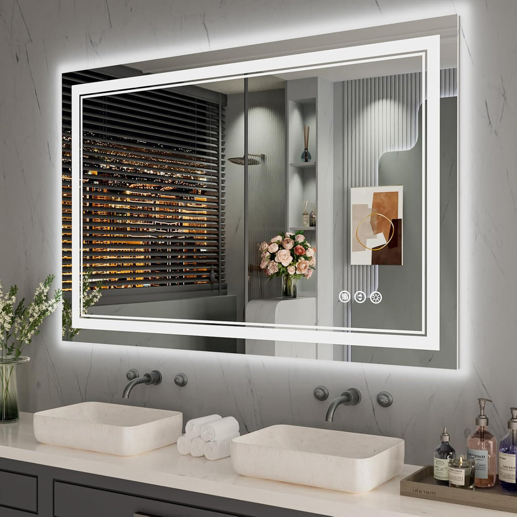 40 x 32 Inch LED Bathroom Mirror, Front Light and Backlit Anti-Fog Dimmable Memory Lighted Vanity Mirror, Shatterproof Wall-Mounted Led Mirror for Bathroom