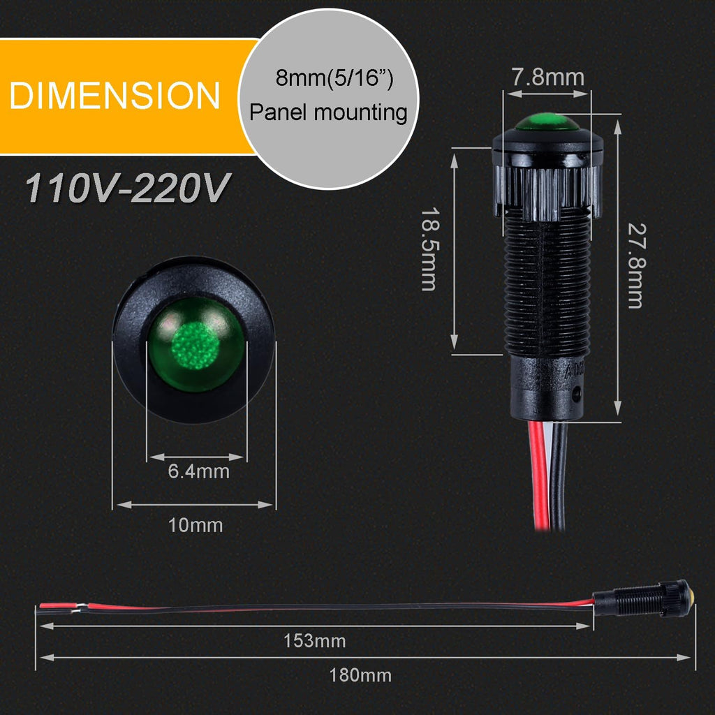 5pcs 8mm LED Indicator Light Plastic Black Signal Dot Lamp 110-220VAC 5/16" Mounting Hole Size with 15cm/5.9in. Wire (Green LED)