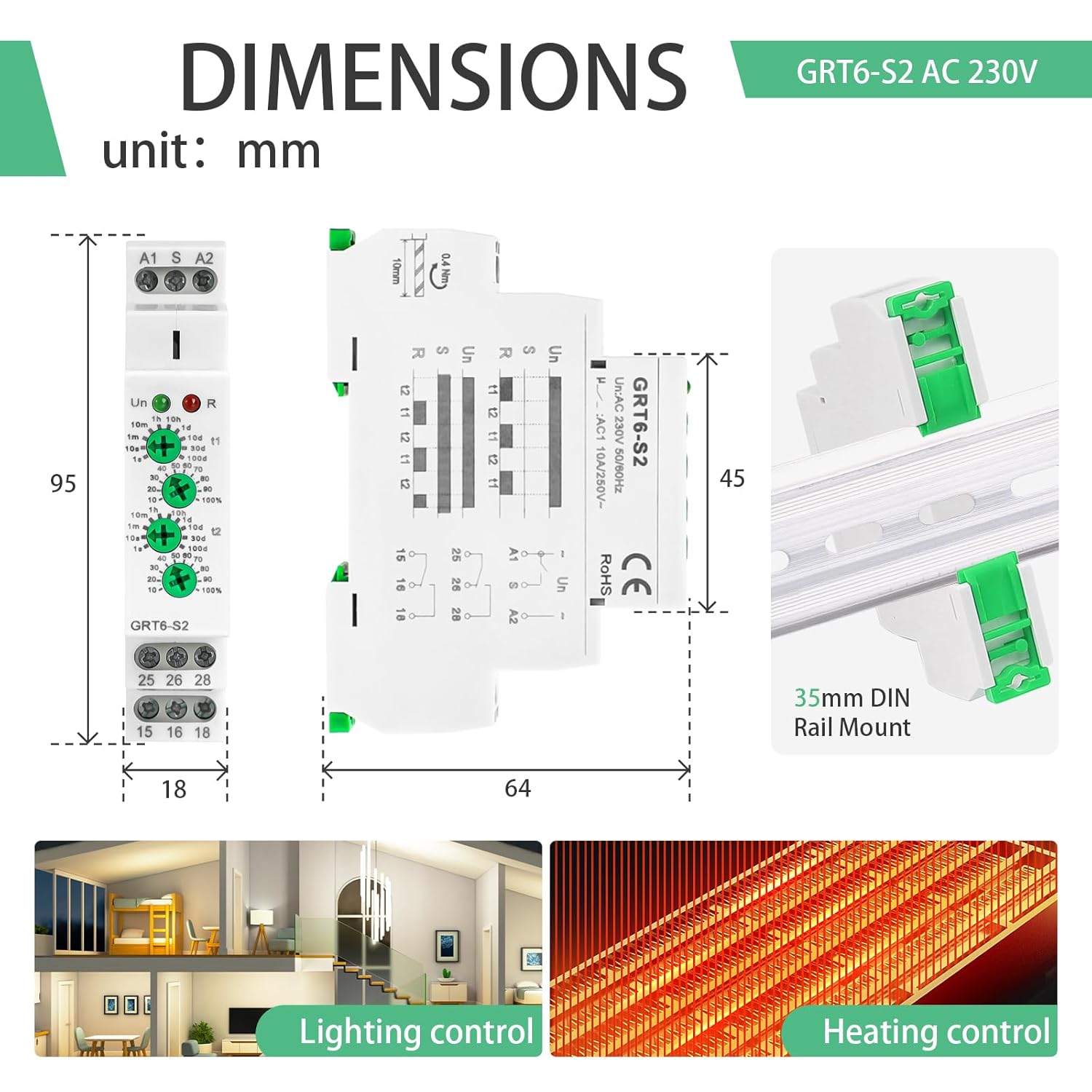 Asymmetric Cycle Timer Relay 2SPDT AC 230V 10A Long or Short Period Repeat Cycle Tntermittent Timer Electronic Relay in Din Rail (GRT6-S2 AC 230V)