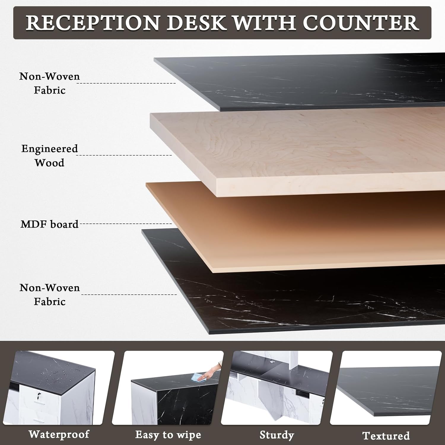 L-Shaped Modern Reception Desk with Counter & Storage - 71"/84" Large Office Front Desk, Salon Checkout Counter with Lockable Cabinets, Shelves & Drawers (Black & White, Left - 71''L x 34''W x 41''H)