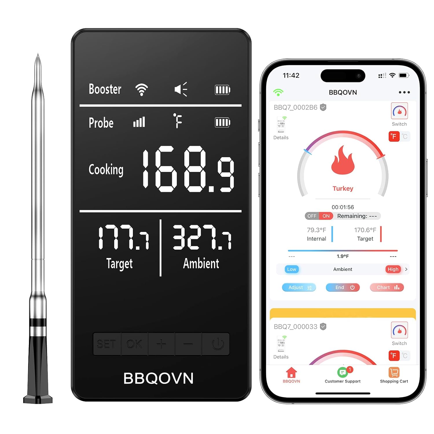 WiFi Sub-1G Wireless Meat Thermometer Unlimited Range 7 NIST Cert.Sensors IP68 With Ambient Temp Accuracy ±0.5°F APP&Magnet Smart Digital Base,Monitor for BBQ, Grill,Oven,Smoker(1,Black,Small)