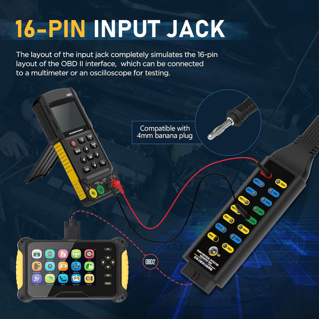 OBD2 Breakout Box, Automotive OBDII Protocol Detector Communication/Power/Ground Detection Breakout Box 16-Pin CAN 17.7 inches Cable Fault Diagnosis Scan Tool with Universal Wire Jumper and Clips