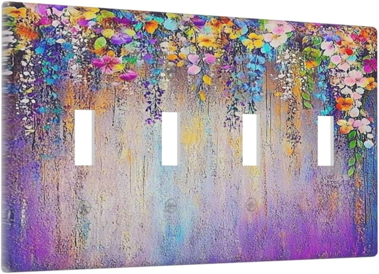 Colorful Country Flower Wildflower Floral Light Switch Covers Quad Toggle Electrical Faceplate 4 Gang Wall Plate Decorative Switch Plates For Bed Room Living Room Decor