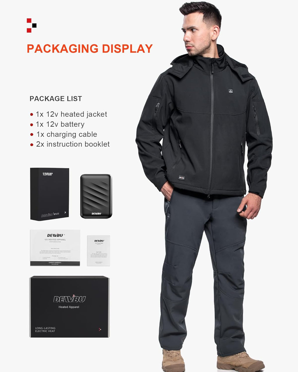 DEWBU Soft Shell Heated Jacket for Men with 12V Battery Pack and Detachable Hood Outdoor Electric Heating Coat