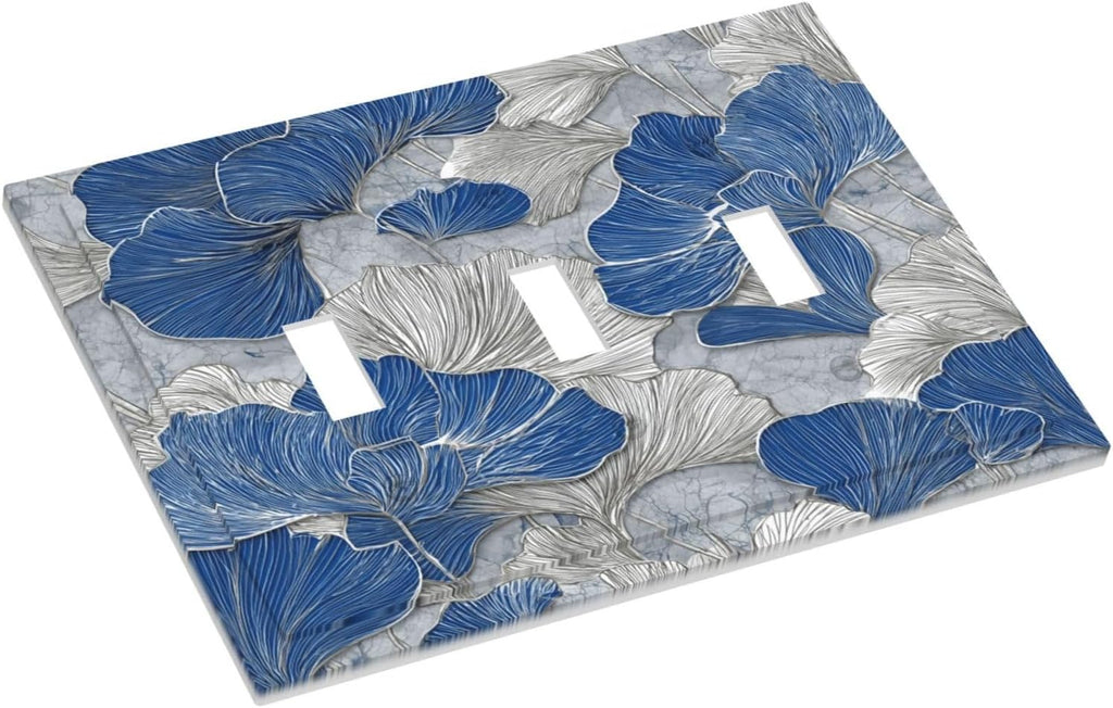 Abstract Blue Marble Plant Leaves 3 Gang Triple Toggle Decorative Light Switch Covers Electrical Faceplate Switch Plates for Bathroom Kitchen Home