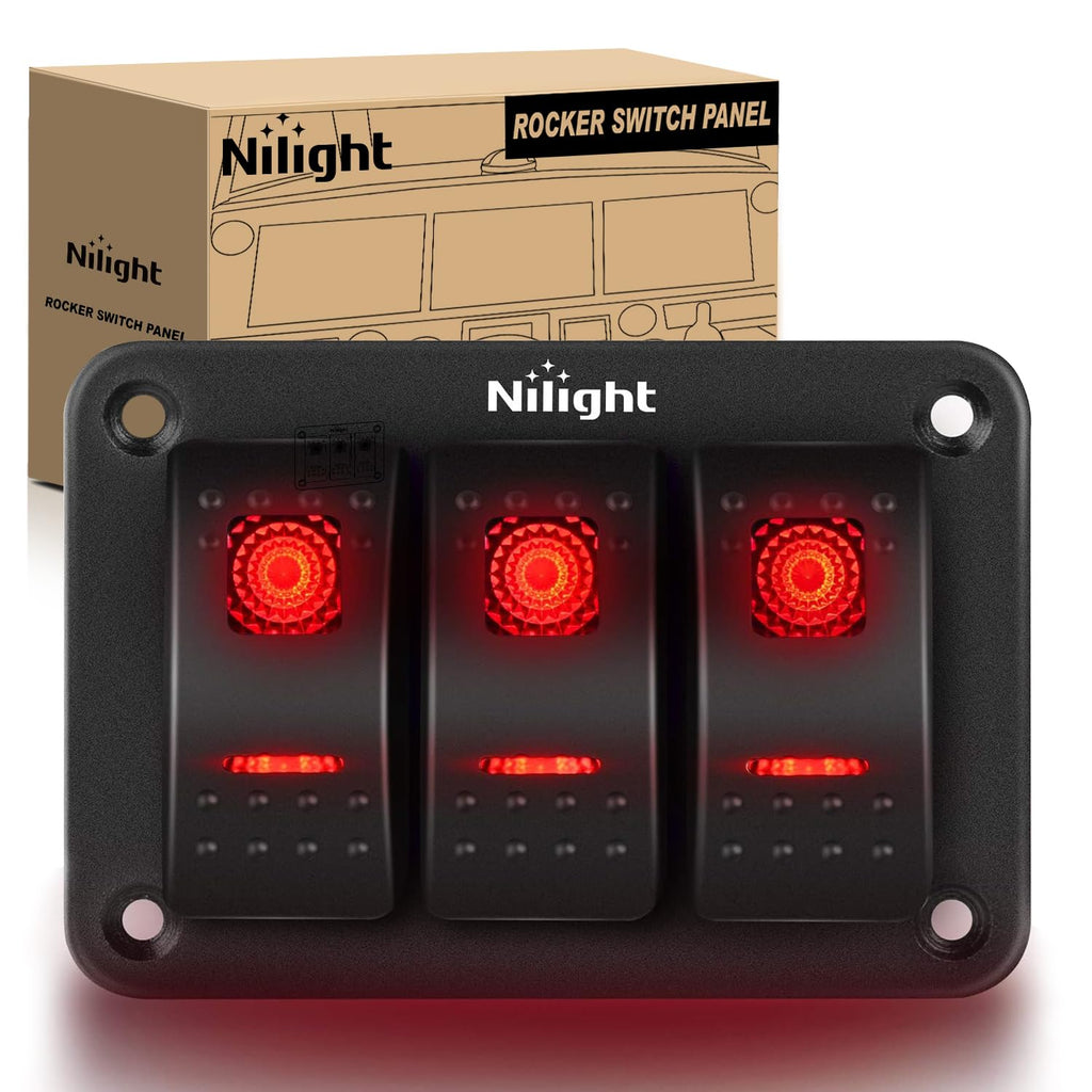 Nilight - 90019C 3 Gang Aluminum Rocker Switch Panel Toggle Dash 5 Pin ON/Off Pre-Wired Rocker Switch Red Backlit Switch for Automotive Car Marine Boat RV,2 Years Warranty