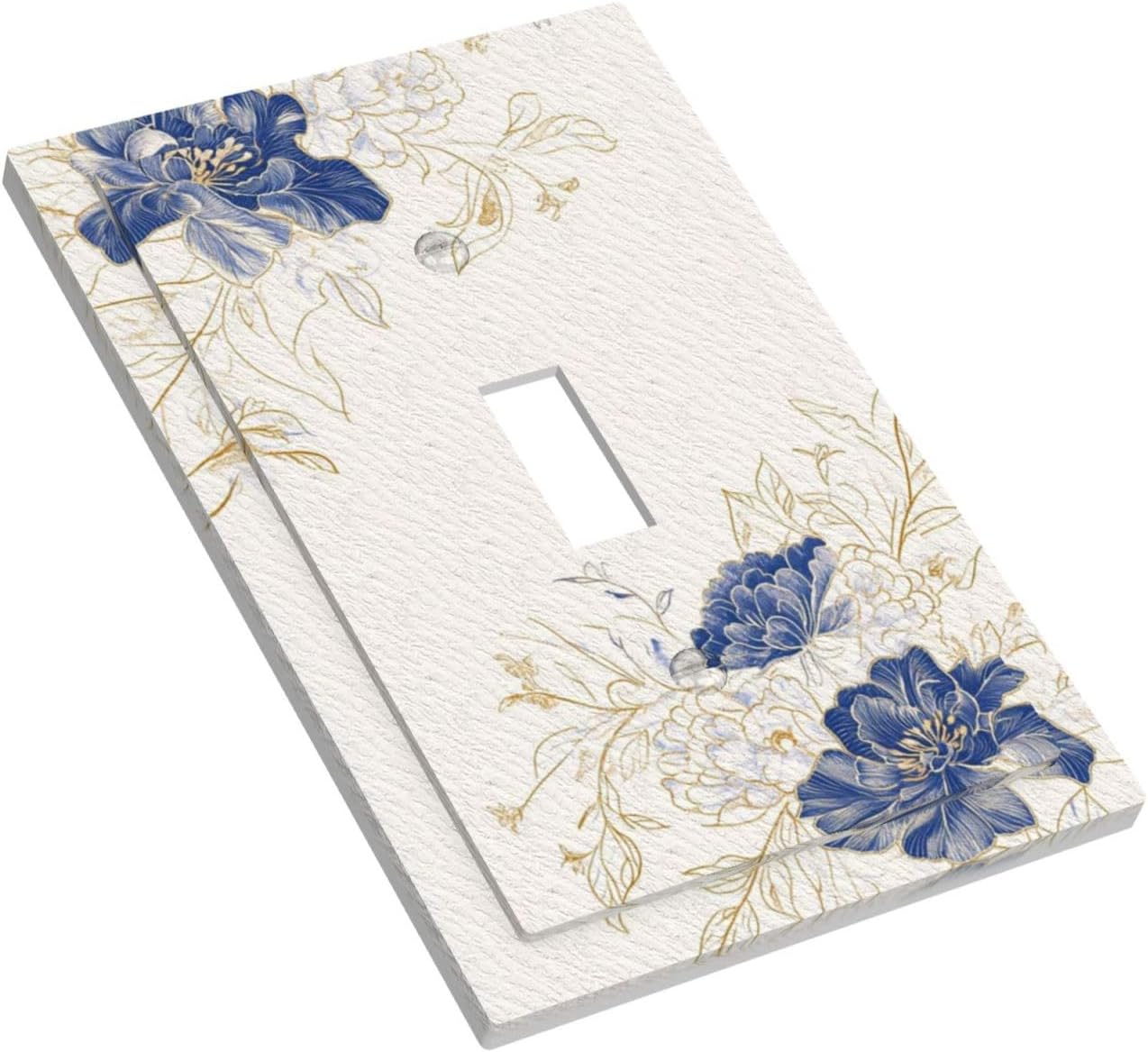 Decorative Light Switch Cover Plate Rustic Blue Flower Floral Gold Leaf 1 Gang Single Toggle Wall Plates for Electrical Outlet Covers Switch Plate Covers Faceplate for Bedroom Home Decor