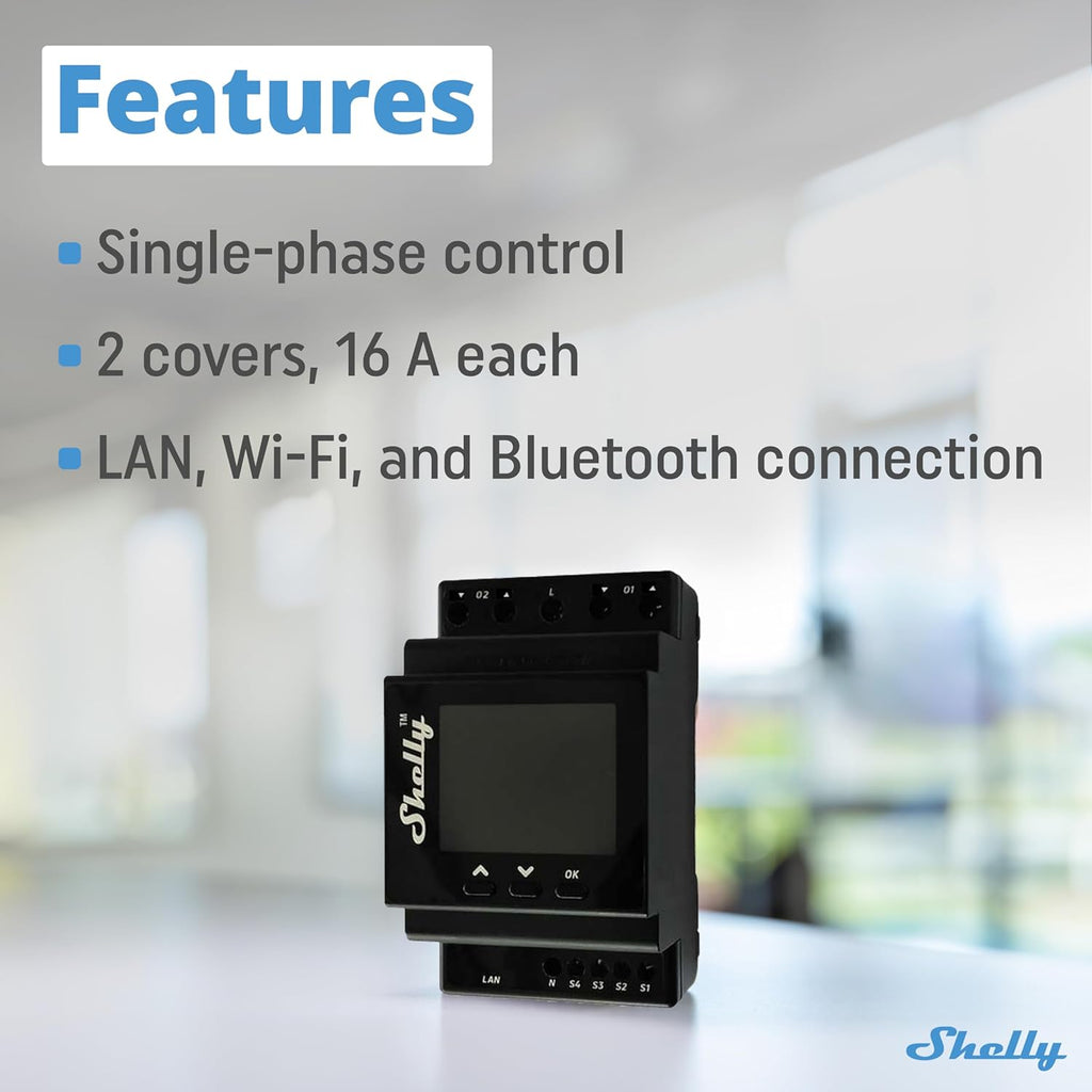 Shelly Pro Dual Cover/Shutter PM | LAN and Wi-Fi Connection, Professional DIN Rail Smart Dual Cover/Shutter Controller with 2 Covers 16 A Each | Home Automation | Precise Power Metering