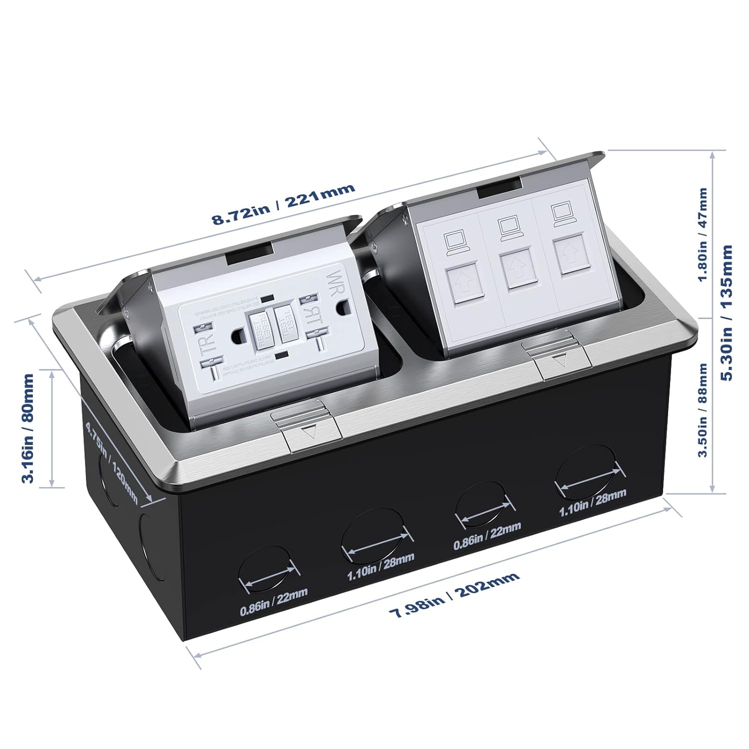 KYHSHJ Dual Pop-Up Floor Electrical Outlet Box Kit，20 Amp Stainless Steel GFCI TR Receptacle Outlet，3-Port RJ45 Datacom Receptacle，Silver