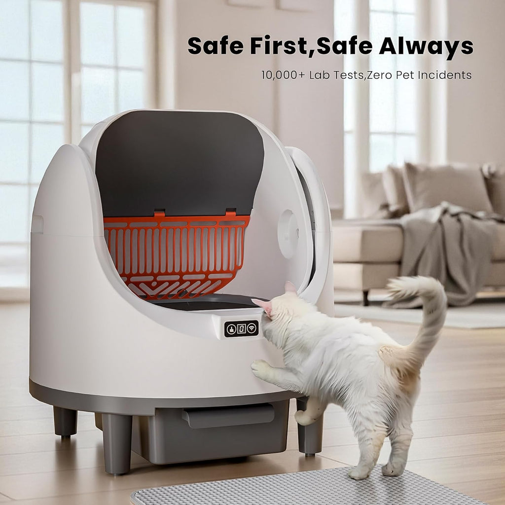 Bashaw Self Cleaning Litter Box, Automatic Cat Litter Box for Multiple Cats, App Control with Safety Sensors, Open Top, Includes Scent Cartridge, Litter Mat & 2 Roll Garbage Bags (White)