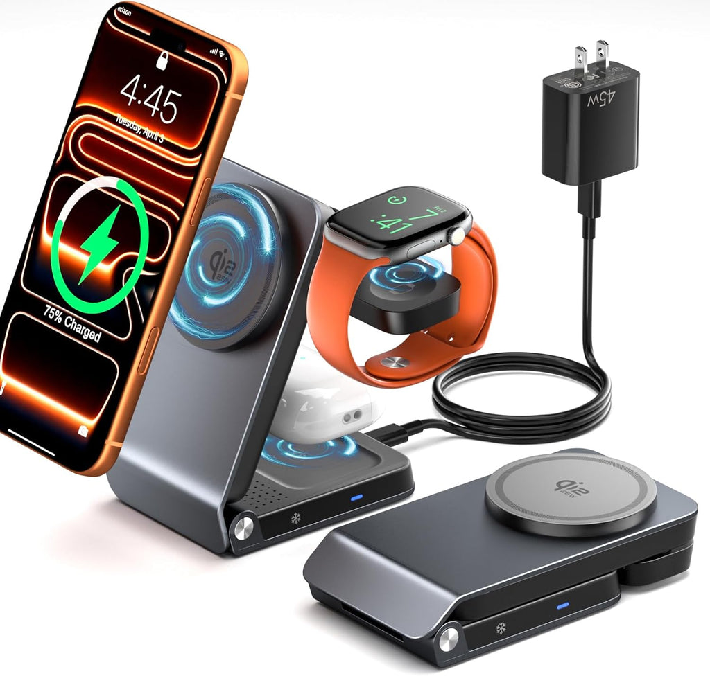 3-in-1 Travel Charging Station for Apple Devices MagSafe Charger, Qi2.2 25W Magnetic Wireless Charger, Aluminum Alloy Foldable Charging Stand for iPhone 17 Pro Max, Apple Watch, AirPods