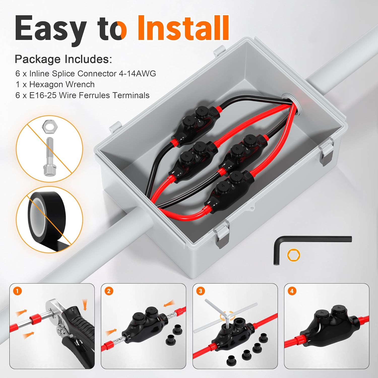 Joinfworld 2 Port Inline Splice Connector 4-14 AWG Aluminum to Copper Wire Connectors Insulated Wire Connectors UL Listed Wire Cable Connectors with 5/32" Slotted Allen Hex - 6 Pack