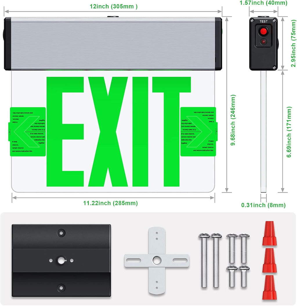 Green LED Edge Lit Exit Sign Brushed Aluminum Housing, UL Listed Emergency Exit Signs Single Sided Clear Acrylic with Battery Backup, AC 120-347V Hardwired Exit Lights, Top/Side/Wall Mount (1 Pack)
