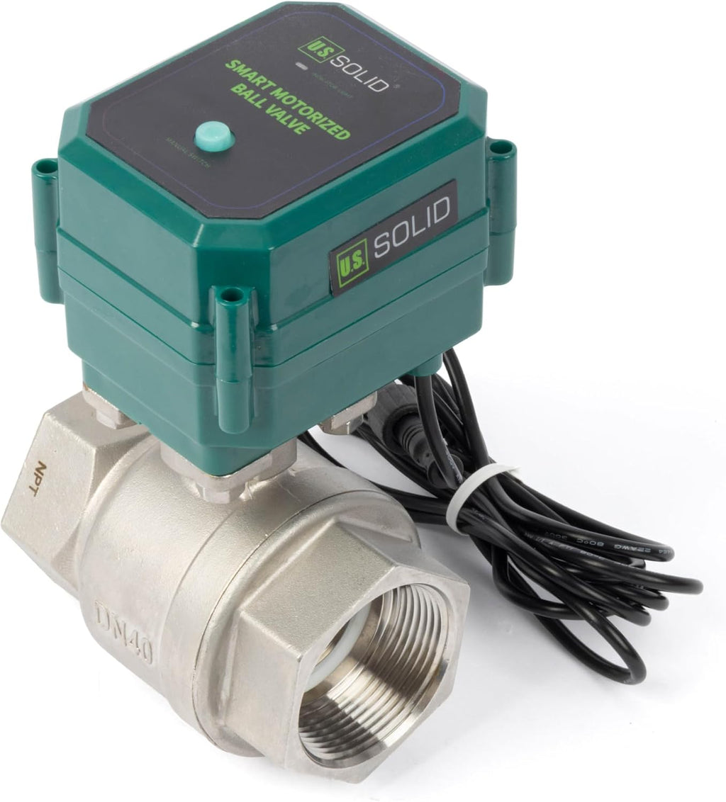 U.S. Solid 1-1/2" Smart Motorized Ball Valve - Remote App Mobile Control Stainless Steel Electrical Ball Valve with Manual Switch, 5V DC USB Connection