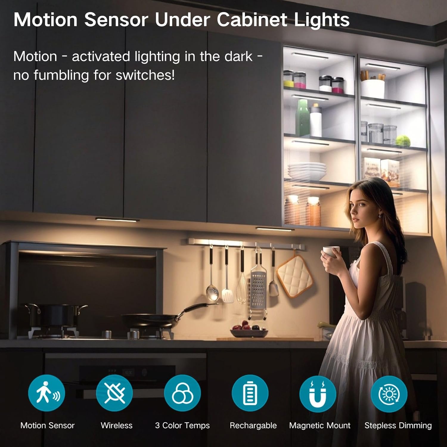 Motion Sensor Under Cabinet Lighting-Magnetic Rechargeable Closet Lights for Kitchen,Stairs,Wardrobe | 3-Color Dimmable LED Under Counter Lighting | Pro Battery Upgrade (2, 8 inch)