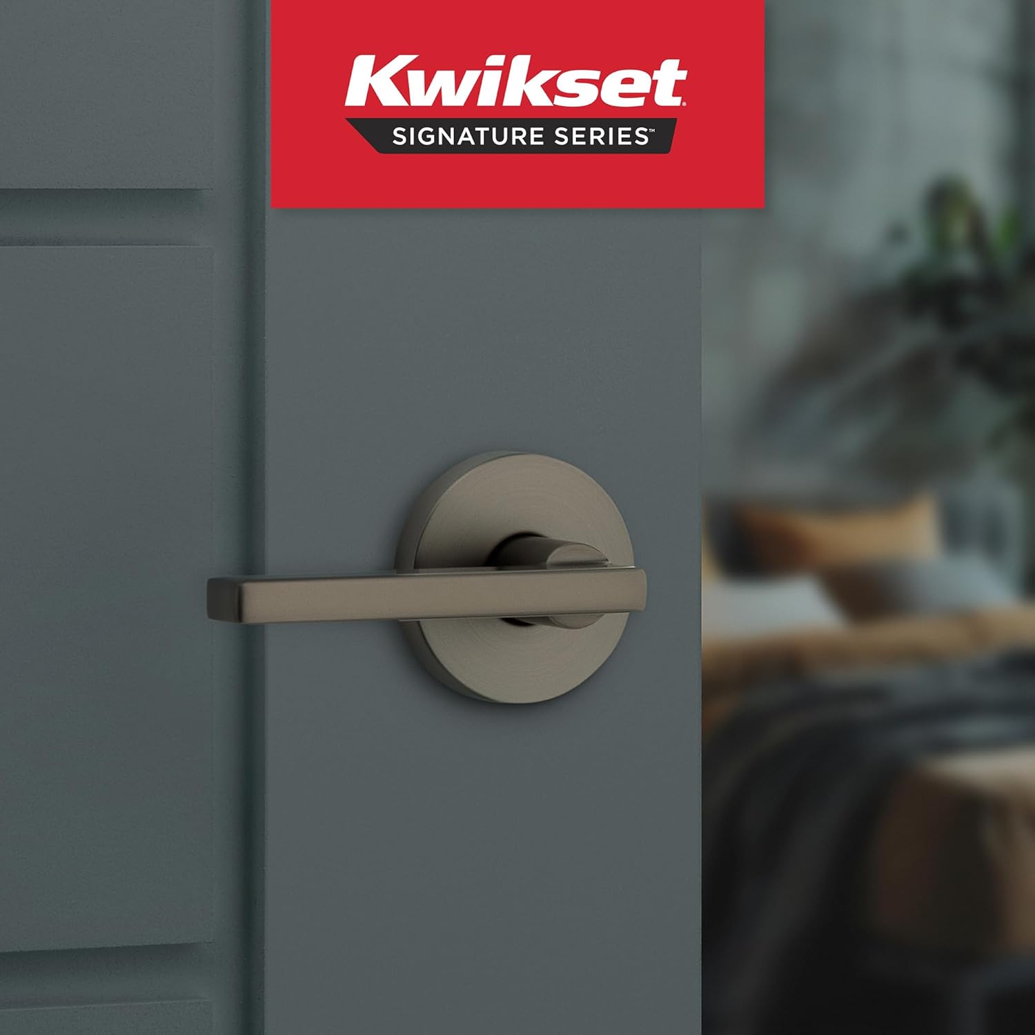 Kwikset Halifax Interior Round Privacy Door Handle with Lock, Door Lever for Bathroom and Bedroom, Gunmetal Reversible Keyless Turn Lock