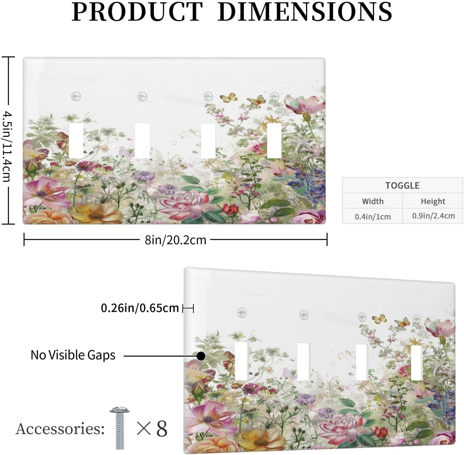 Light Switch Covers Boho Wildflower Colorful Floral Butterfly Quad Toggle Electrical Faceplate 4 Gang Wall Plate Decorative Switch Plates For Bed Room Living Room Decor