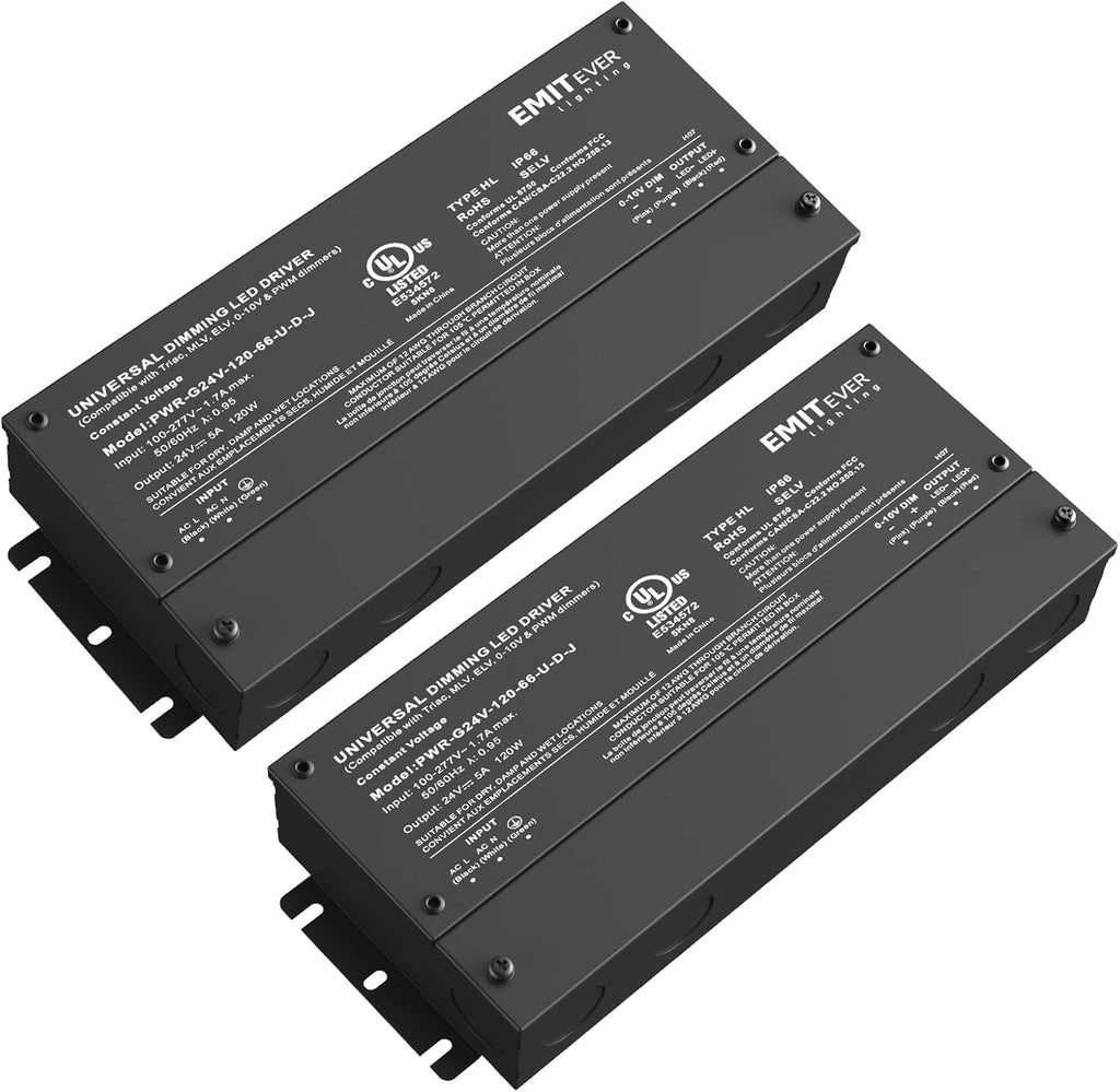 EMITEVER Dimmable Led Driver, 2 Packs 120W AC 110V-277V to DC 24V Transformer, 5-in-1 Dimming: ELV/MLV/TRIAC / 0-10V / 1-10V / 10V PWM/Potentiometer, Waterproof IP67 and UL Listed