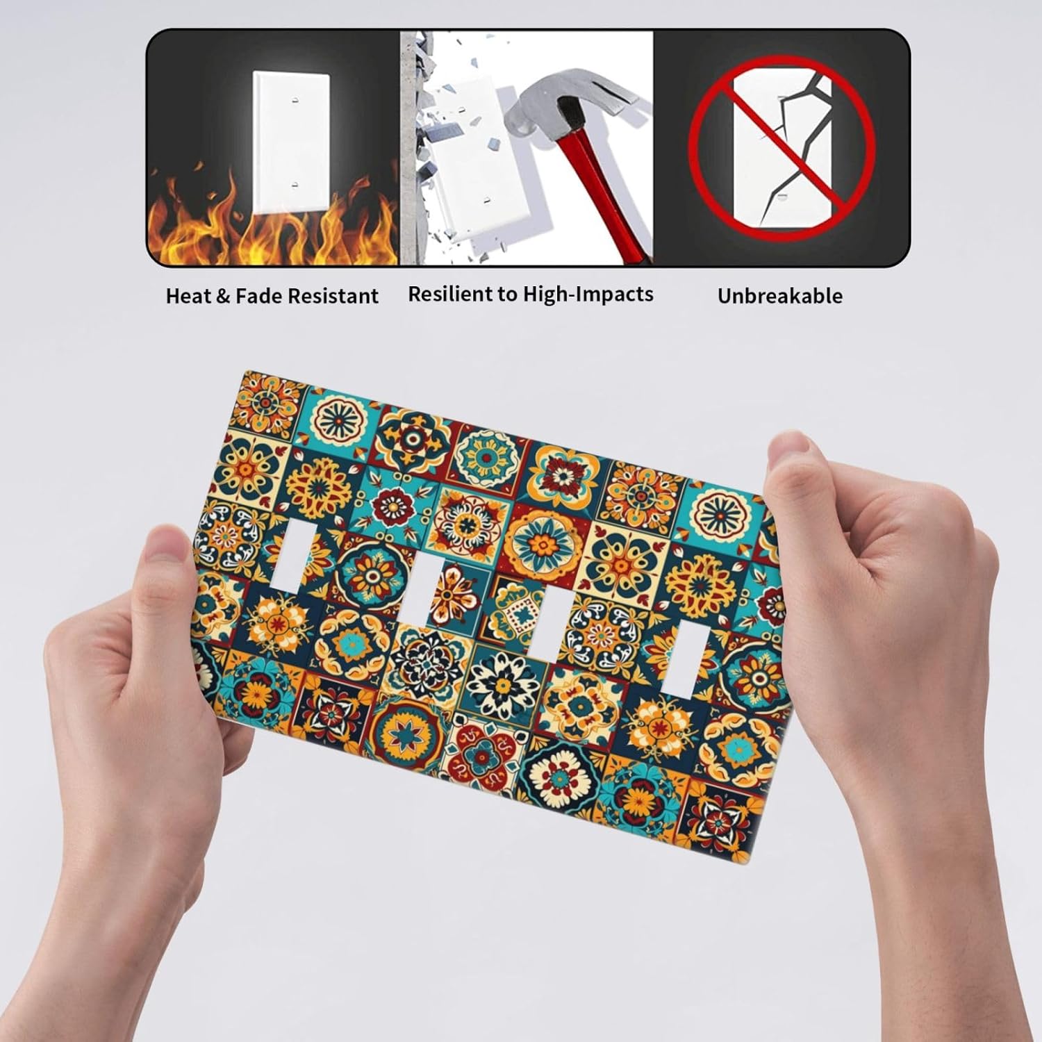 Mexican Talavera Ceramic Tile Moroccan Boho Light Switch Covers Quad Toggle Electrical Faceplate 4 Gang Wall Plate Decorative Switch Plates for Bathroom Kitchen Decor