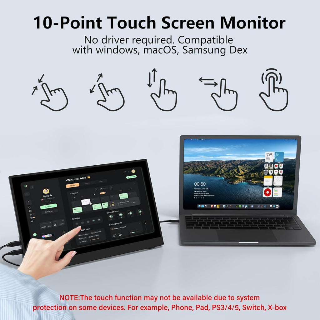 InnoView Portable Monitor Touchscreen 15.6" 1080P 10-Point Touch Screen Monitor Portable with Protective Sleeve Built-in Stand, 1200:1 HDMI USB C Travel Monitors for Laptop, PC, Phone