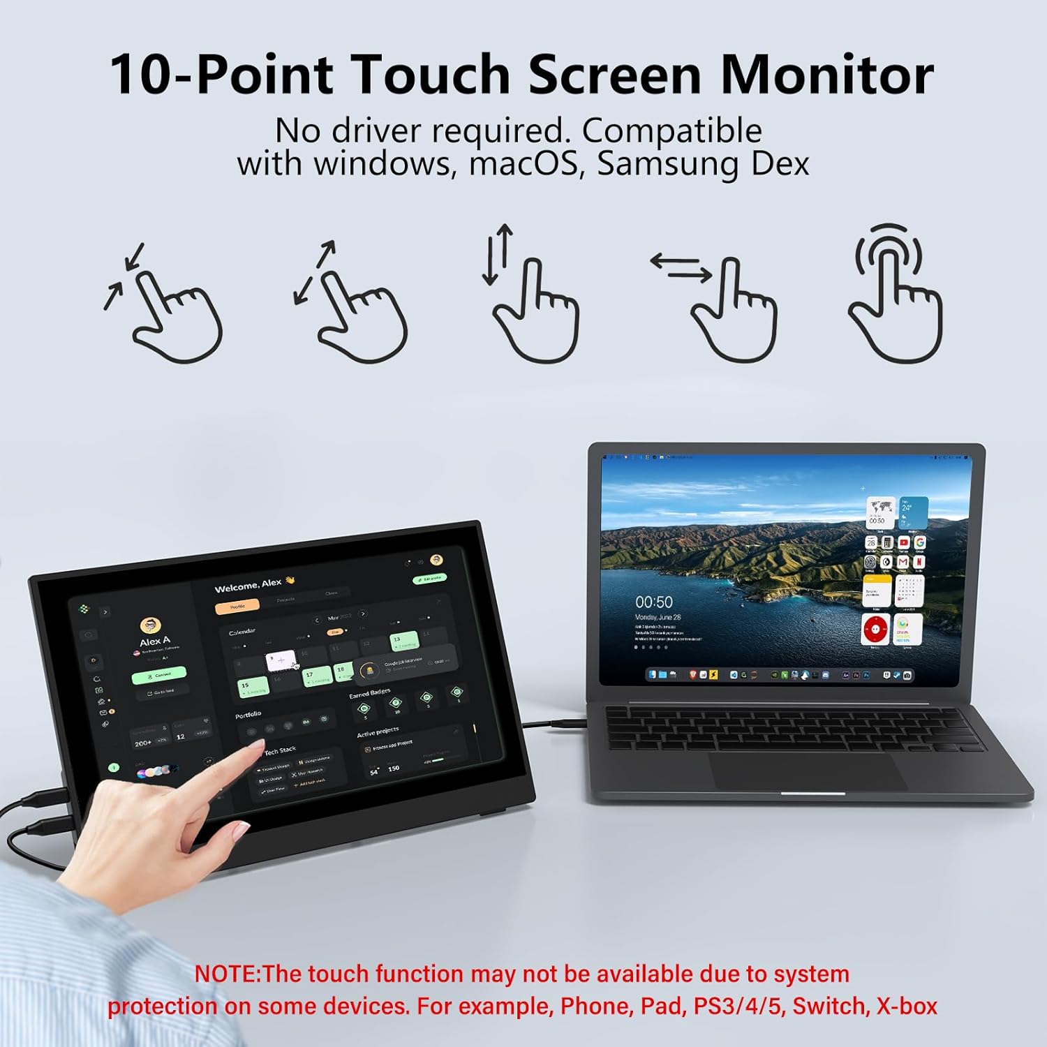 InnoView Portable Monitor Touchscreen 15.6" 1080P 10-Point Touch Screen Monitor Portable with Protective Sleeve Built-in Stand, 1200:1 HDMI USB C Travel Monitors for Laptop, PC, Phone