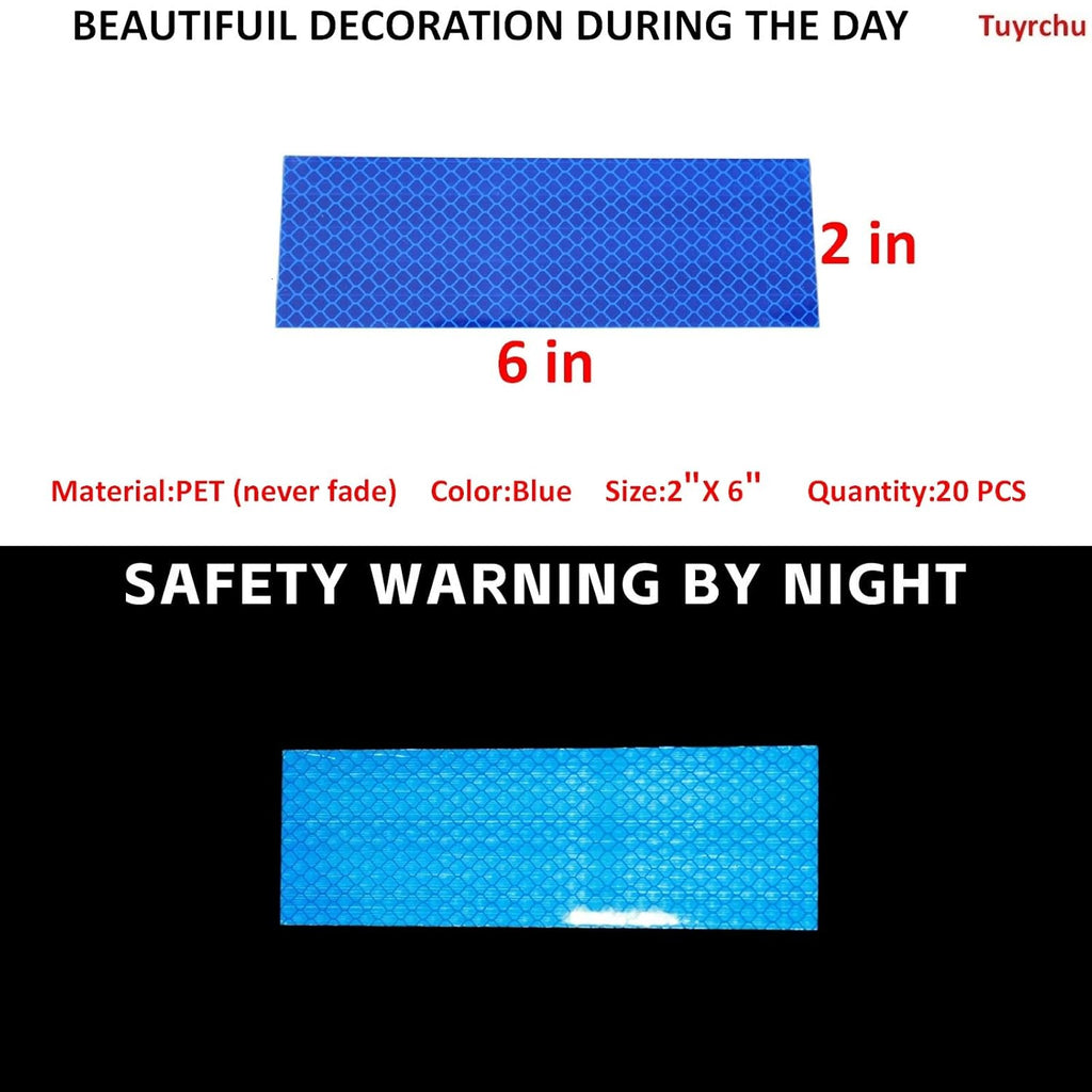 Non Fading Blue Reflective Stickers 2 inch X 6 inch, Outdoor Waterproof High Visibility Warning Safety Adhesive Reflector Tape (20 Pcs)