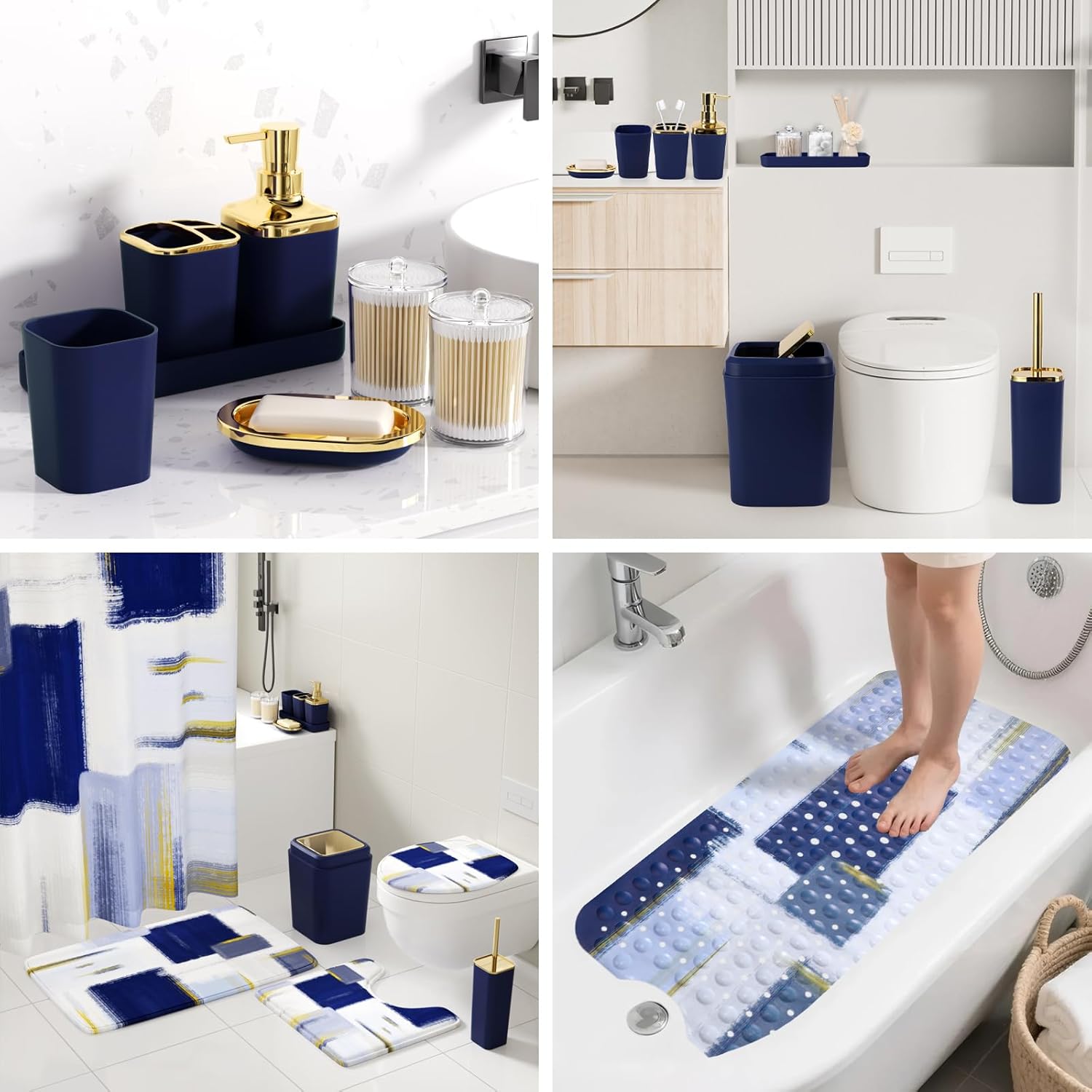 Bathroom Accessories Set - 26PCS Navy Blue Bathroom Set, Bathroom Accessory Set with Shower Curtain and Rugs and Bathtub Mats for Home