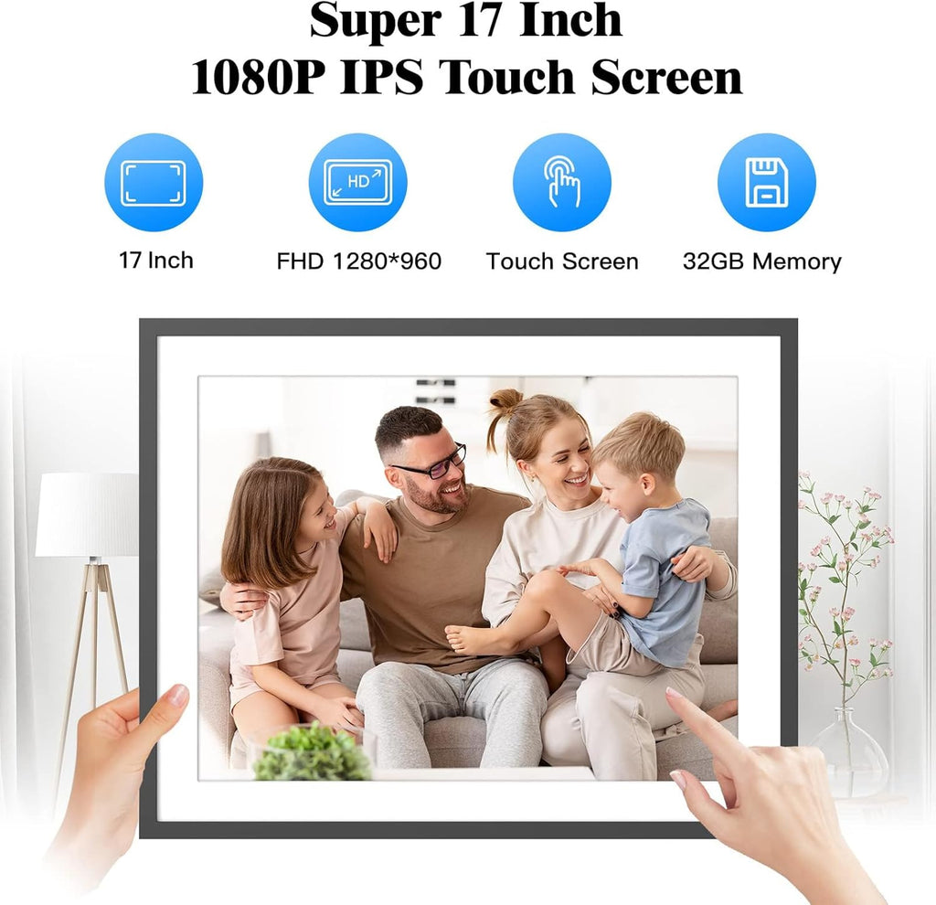 Large Digital Photo Frame 17-inch - Dual-Wifi Electronic Digital Photo Frames, 32GB Digital Photo Frame, Full Function, IPS Touch Screen, Share Photo via App Email, Free Cloud, Gift for Family Friends