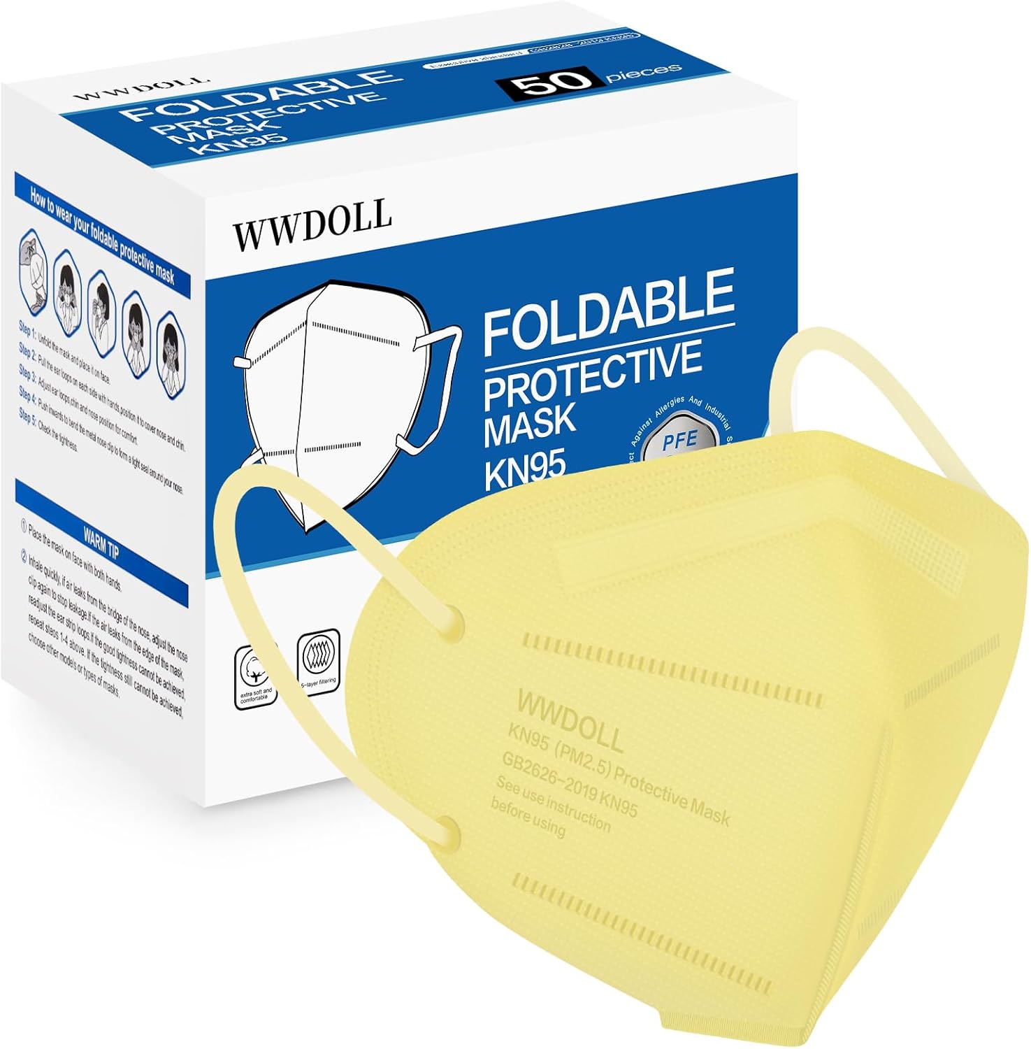 WWDOLL KN95 Face Mask 50 Pack, 5-Layers Breathable KN95 Masks, Yellow