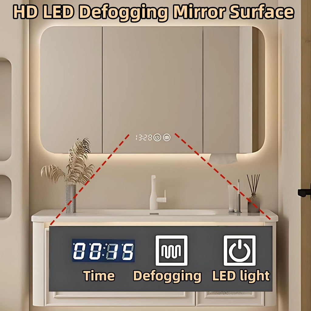 64IN Wall Mounted Bathroom Vanity Set - Wood Bathroom Vanities has Tissue Hole Design | Includes Smart Defogging Mirror Cabinet & Time Display, Rounded Corners, Glass Cabinet Doors (Style B)
