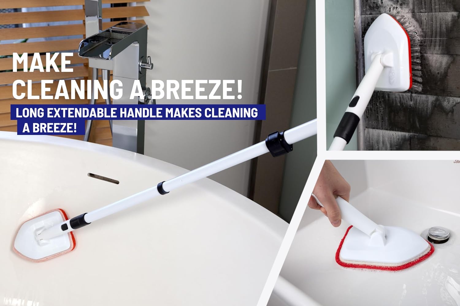 Shower Scrubber 3 in 1 Extendable Long Handle 58" Cleaning Brush - Non Scratch Shower Brush for Cleaning Bathroom Kitchen Toilet Wall Tub Tile Sink (Red)