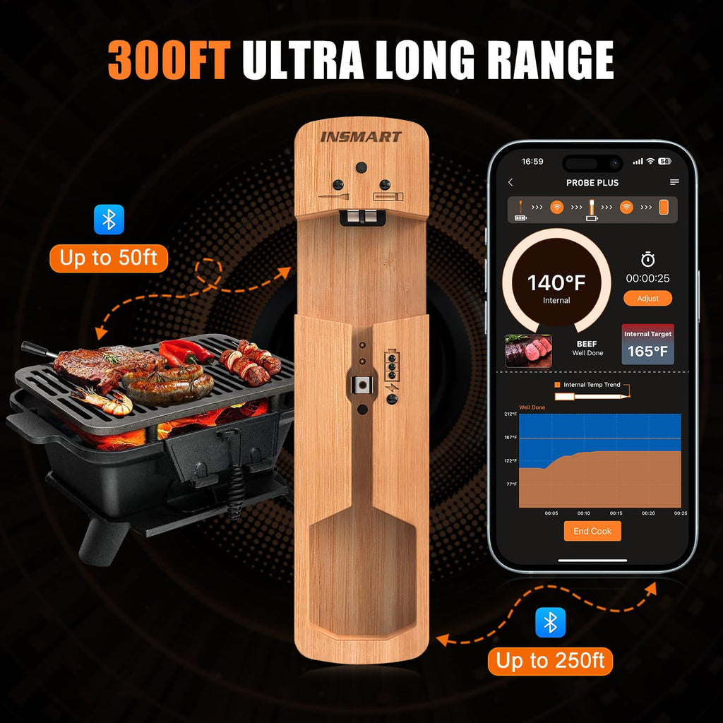 INSMART Wireless Smart Meat Thermometer,330FT Bluetooth Range,100% Waterproof,Precision Cooking Grilling,Multi Sensors,for BBQ,Oven,Grill,Kitchen,Smoker, Rotisserie Turkey Beef (Wood)