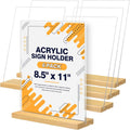 8.5 x 11 Acrylic Sign Holder with Wood Base - Tabletop Display Menu Stand - Clear Plastic L/T Shape Vertical or Slant Back Paper Holders - 6 pack