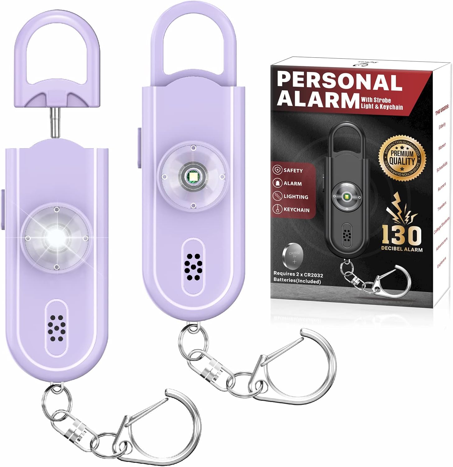Personal Safety Alarm Keychain for Women 2PCS -130 dB Loud Siren with SOS Strobe Light, Flashlight, Double Speakers, Safe Defense Key Chain for Girls Kids Elders Emergency Call