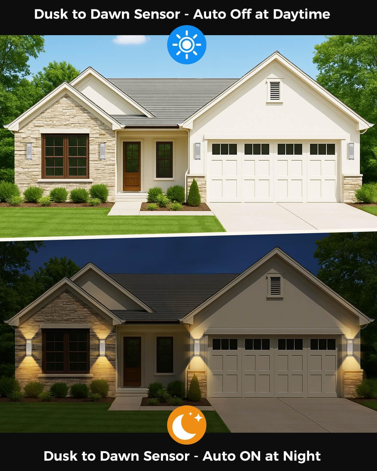 KIZON Modern Dusk to Dawn Outdoor Lighting 2 Pack, Stainless Steel Up and Down Sconce with E26 Base, Includes 3000K Bulbs, Waterproof Exterior Lighting Fixtures, Outdoor Lights for House Porch Garage