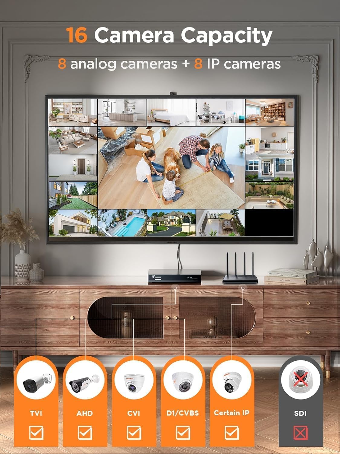 TIGERSECU Ultra HD 5MP 8 + 8 Channel Security DVR/NVR with 4TB Hard Drive, Expandable to 16 Cameras, Hybrid 6-in-1 Home Surveillance Recorder for 8 TVI, AHD, CVI, Analog, RS485 PTZ and 8 IP Cameras
