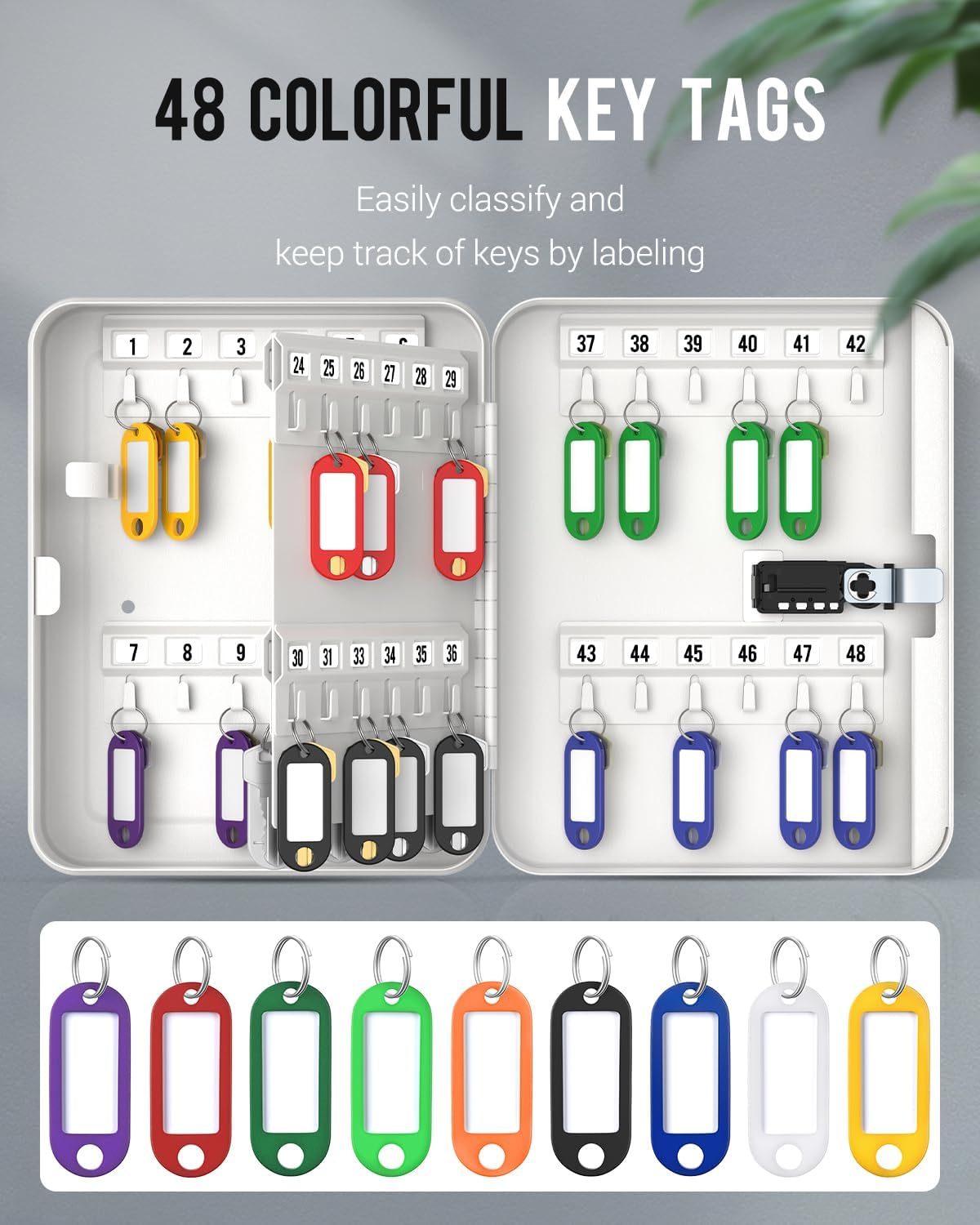 Uniclife 48 Position Key Cabinet with Combination Lock Resettable White Digital Security Storage Box Steel Key Organizer with Colorful Key Tag Labels Stickers and Hooks