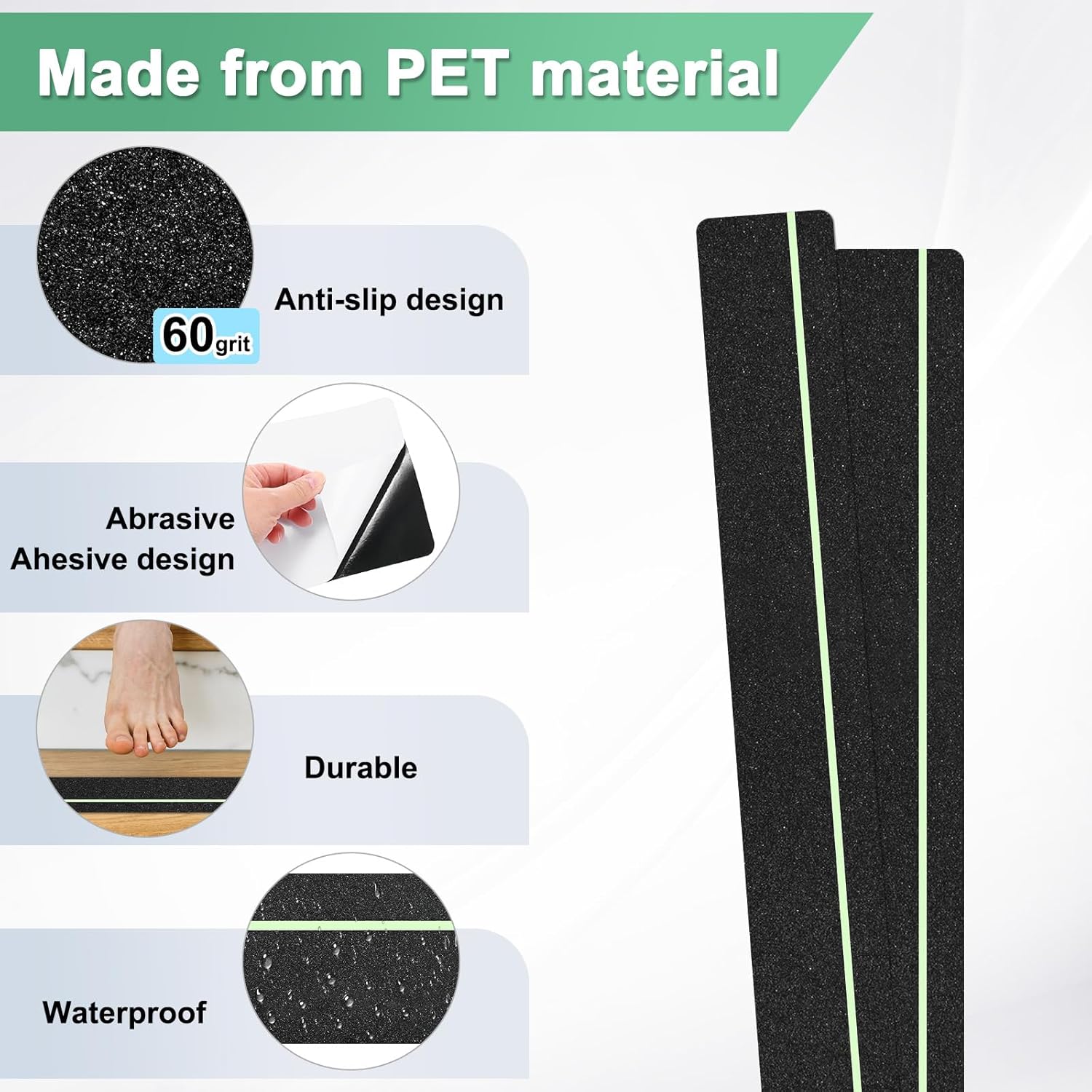 5-Pack Anti Slip Traction Tape 30" x 4" Best Grip Tape Grit with 6mm/0.24" Glow in Dark Stripe High Traction Friction Abrasive Adhesive for Indoor/Outdoor Stairs[Black+Green]
