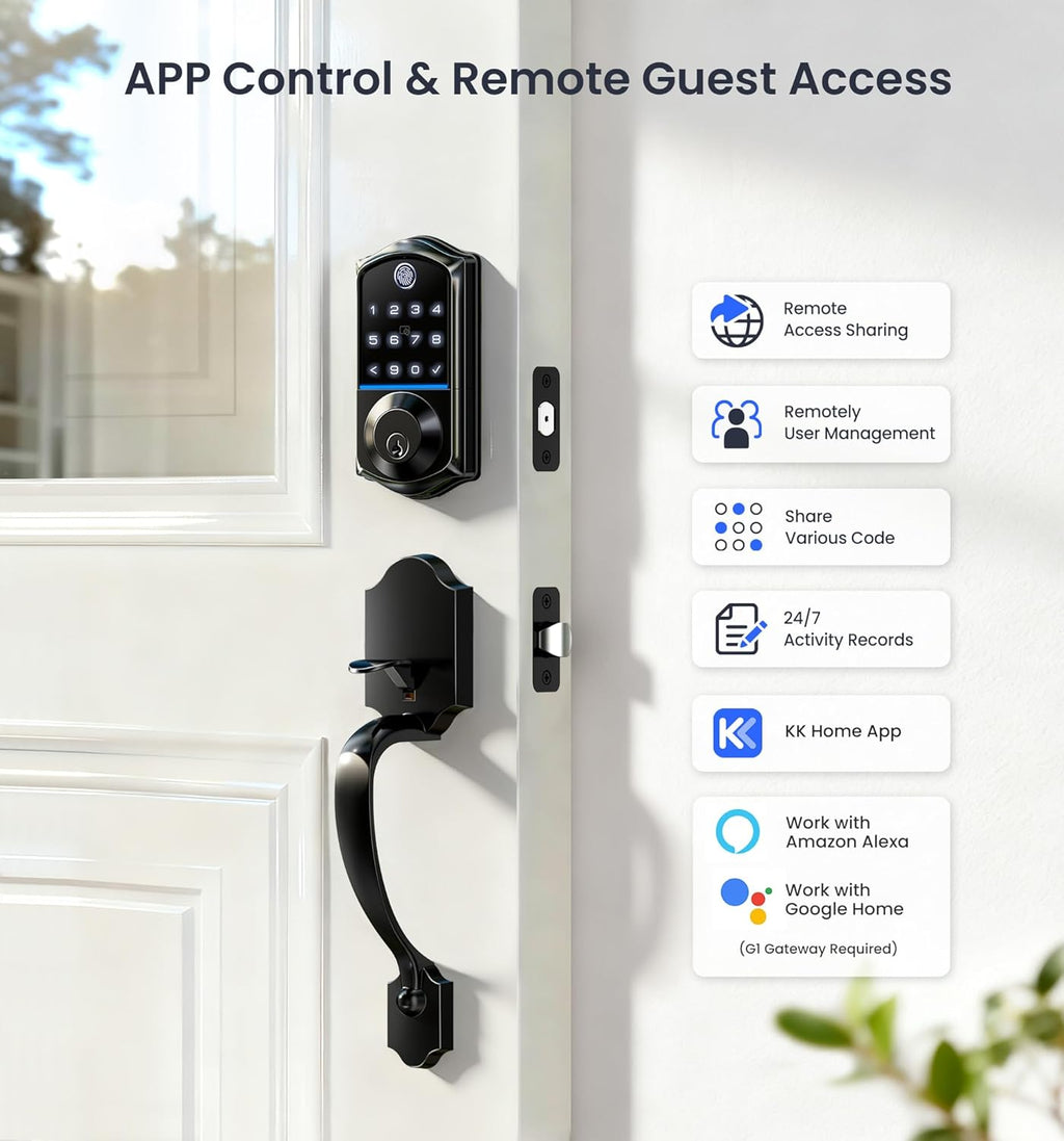 Veise VE017-H Fingerprint Smart Front Door Lock Set, App Control, Keyless Entry Deadbolt with Handle, Smart Deadbolt, Emergency Power Port, Touchscreen Keypad, Auto Lock, Easy Install, Matte Black
