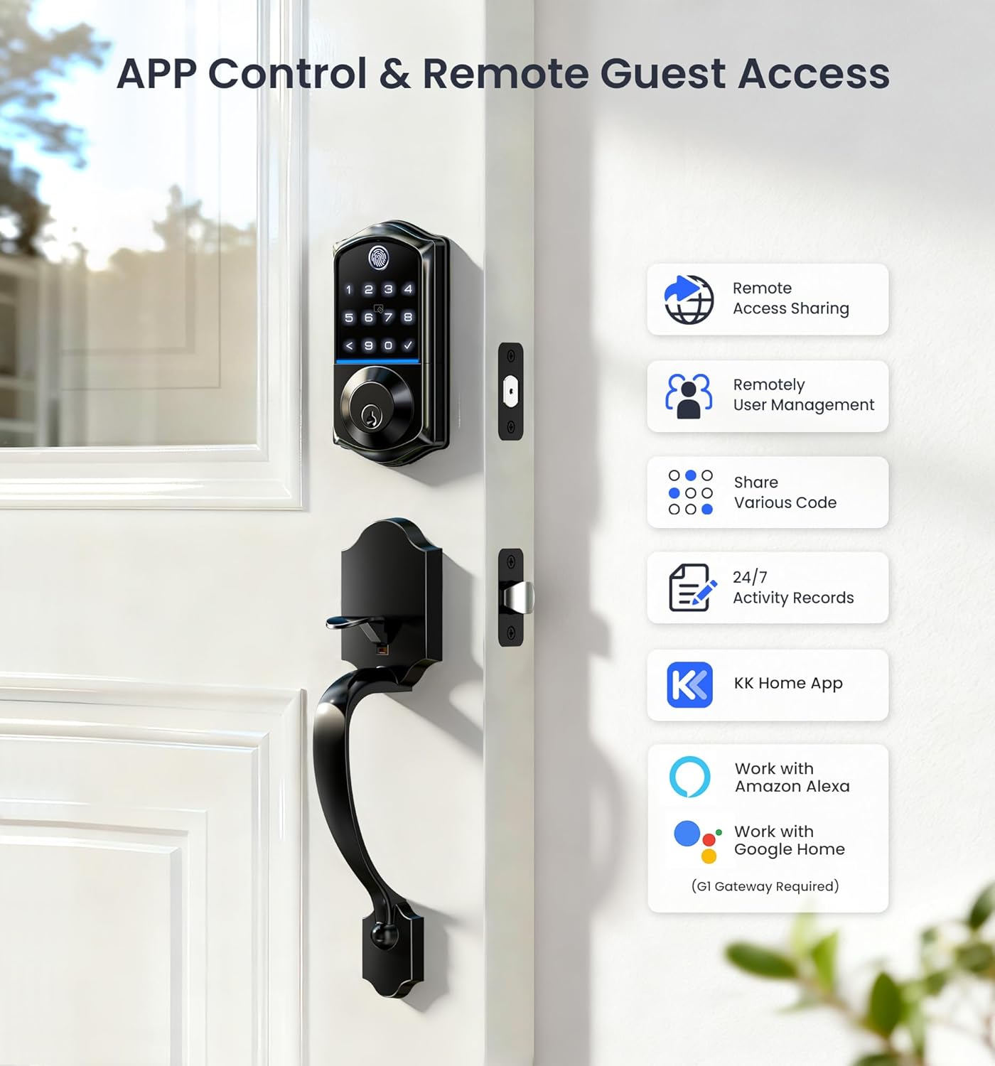 Veise VE017-H Fingerprint Smart Front Door Lock Set, App Control, Keyless Entry Deadbolt with Handle, Smart Deadbolt, Emergency Power Port, Touchscreen Keypad, Auto Lock, Easy Install, Matte Black