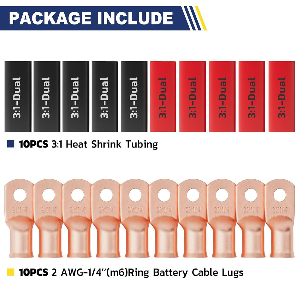 haisstronica 10pcs 2 AWG - 1/4" (M6) Battery Cable Lugs, Heavy Duty Copper Wire Lugs with 10pcs 3:1 Adhesive Heat Shrink Tubing, 2 Gauge Wire Connectors Battery Terminal Connector, Battery Cable Ends