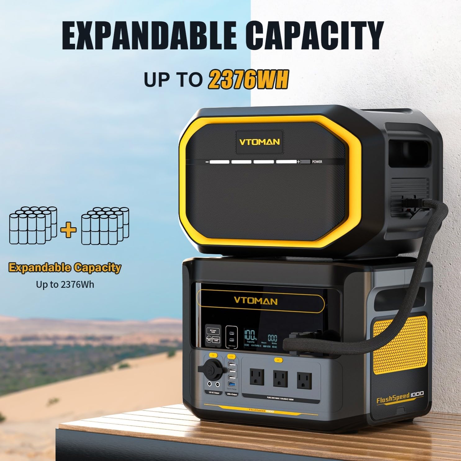 VTOMAN 2376Wh Portable Power Station Bundle with Extra Battery & 200W Solar Panel Included - Up to 2000W Solar Power Generator for Home Backup, Off-grid, Road Trip, RV, Camping, Fishing, Emergencies