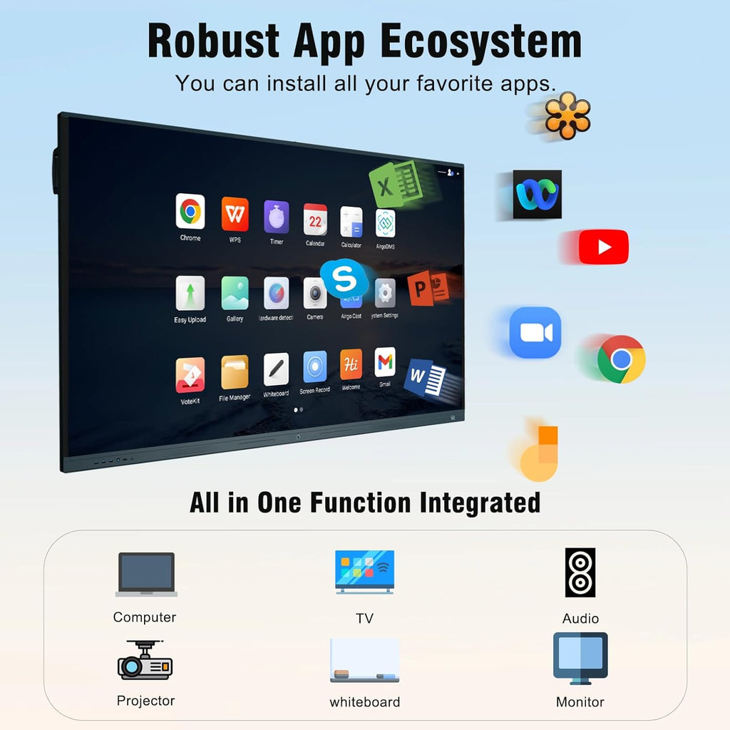 75'' Interactive Whiteboard, 4K Touchscreen Smart Whiteboard with Built-in Dual System Windows 11 Pro & Android 14.0, Smart Board for Classroom and Business(Board+Wall Mount+Movable Stand)