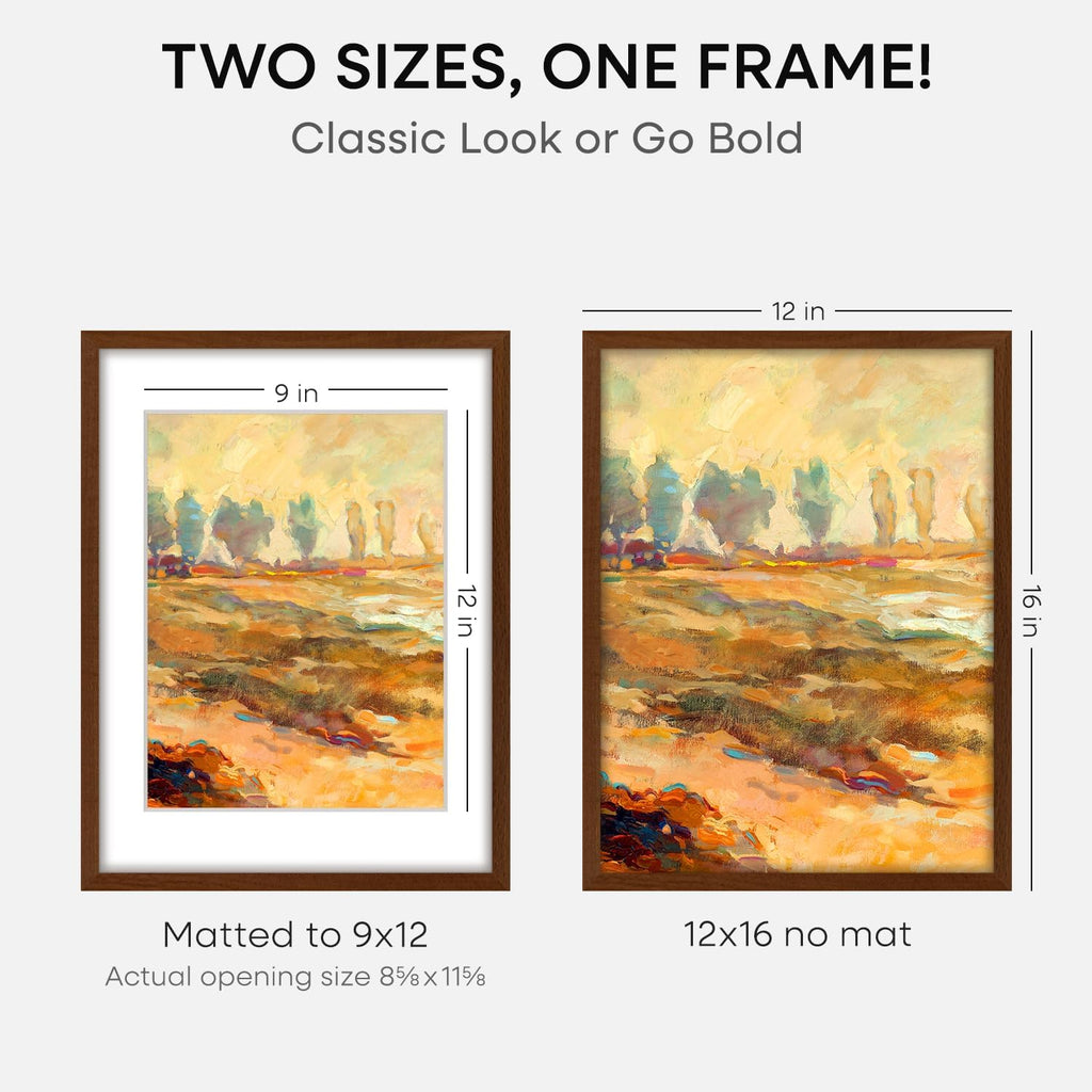 Homeforia 12x16 Picture Frame Brown, High End Dark Oak 12x16 Walnut Wood Poster Frame with Mat 9x12 Print, 12 x 16 Wooden Frame Matted to 9 x 12 Photo, 16x12 Frames, Tempered Glass, Wall Kit, Set of 1